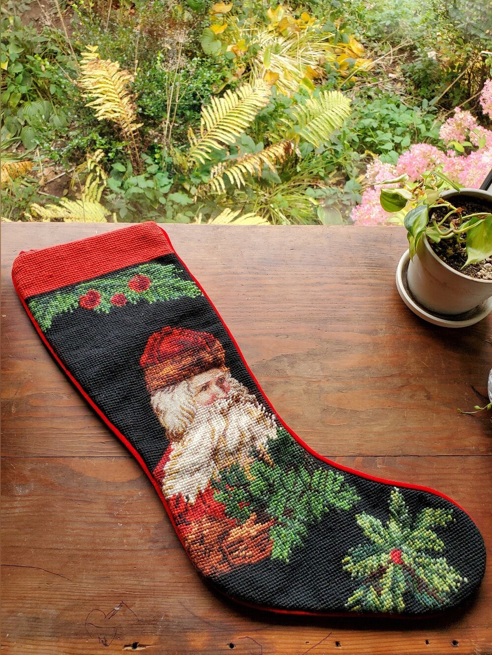 Vtg Peking Handicraft Wool Needlepoint Christmas Stocking Old World Santa Velvet